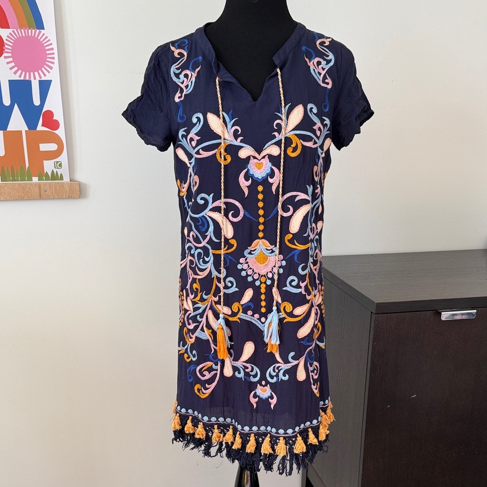 Skies Are Blue Embroidered V Neck Mini Dress